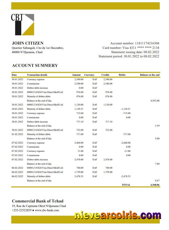 Chad Commercial Bank of Tchad bank statement